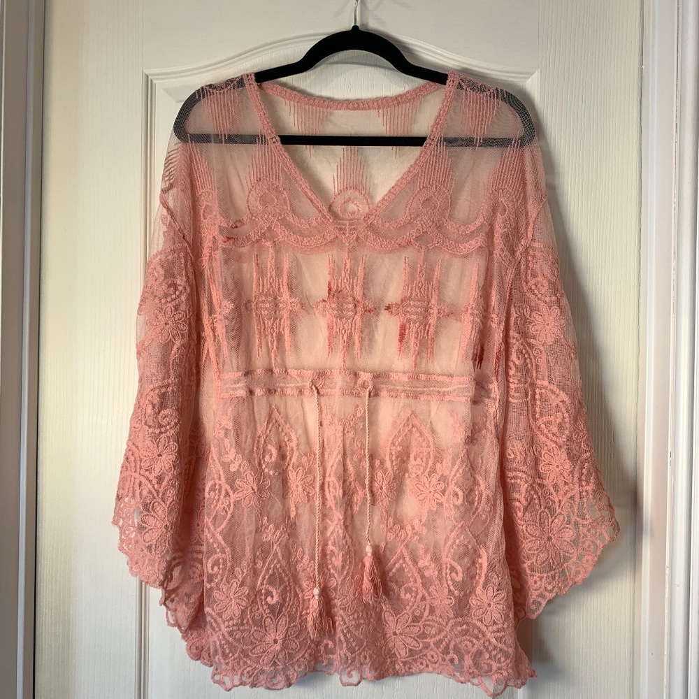 NWT Milos Lace Boho Top Peach Coral Size 44  Sheer Romantic Festival